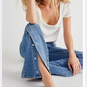 Free People Medium Blue Button-Slit Flare Jeans